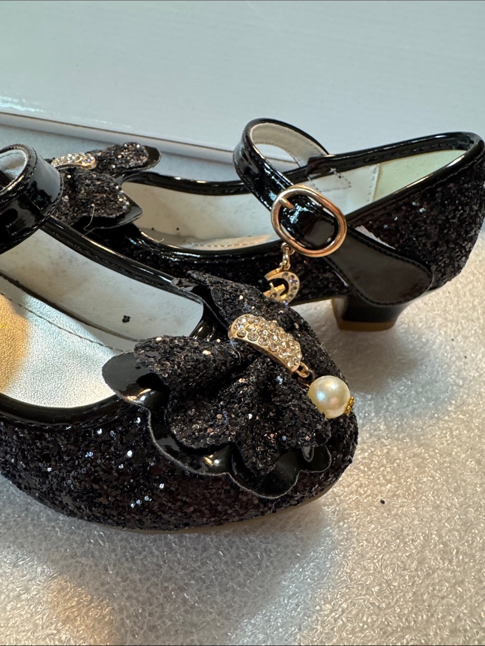 Black Glitter Mary Jane Heels with Bow Detail - Picture 5 of 12